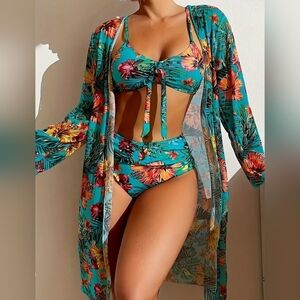 3 Piece Summer Western Beach Coquette Green Floral Print Swim Set M (#903)